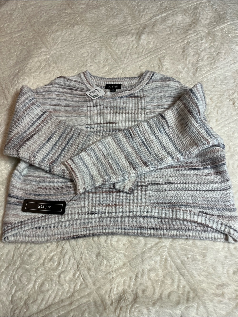 A. Byer Women's Light Gray Striped Crewneck Sweater